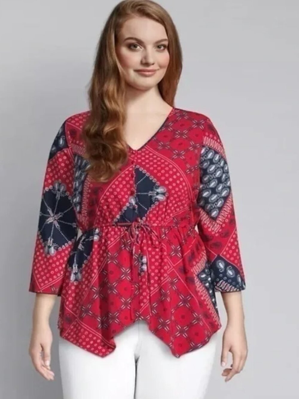 Lane Bryant Red Blue Bandana Paisley Print Patchwork Peasant V-neck Blouse